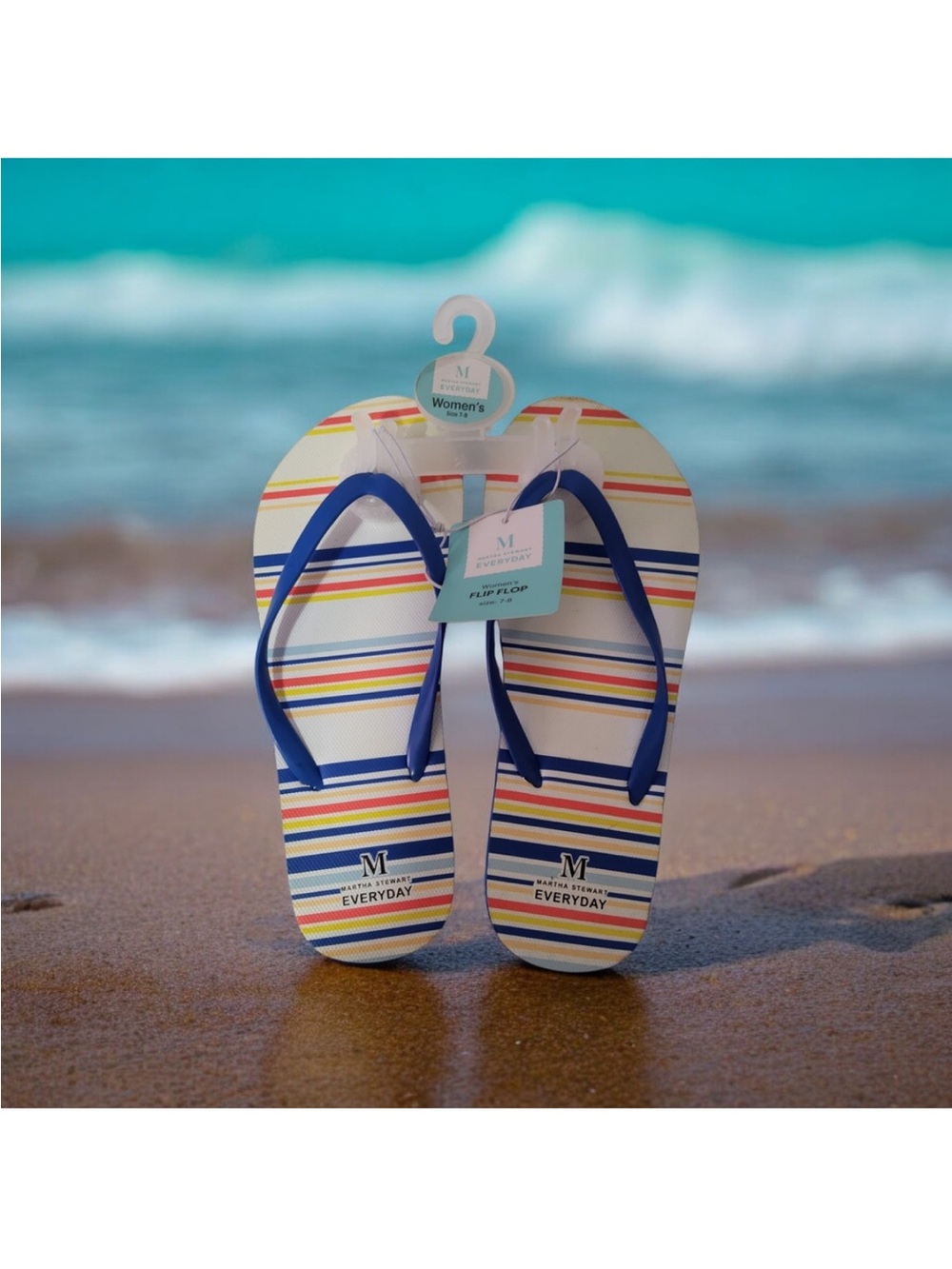 Martha Stewart Striped Flip Flop Sandals with Blue Straps